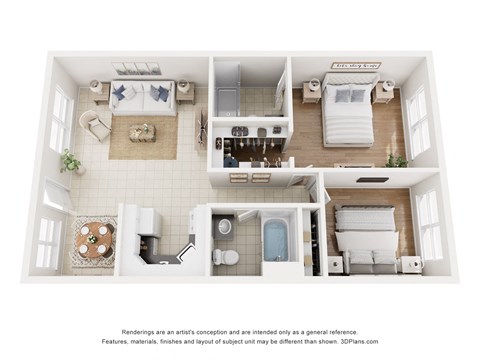 A 3D floor plan of a small apartment with a kitchen, living room, and bathroom.